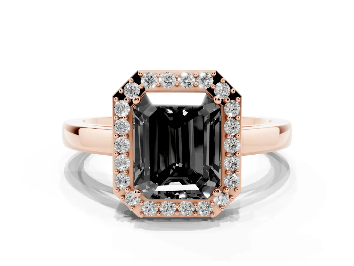 Fancy Black Radiant Cut Halo Diamond Ring with Solitaire Band and Prong Setting Rose gold