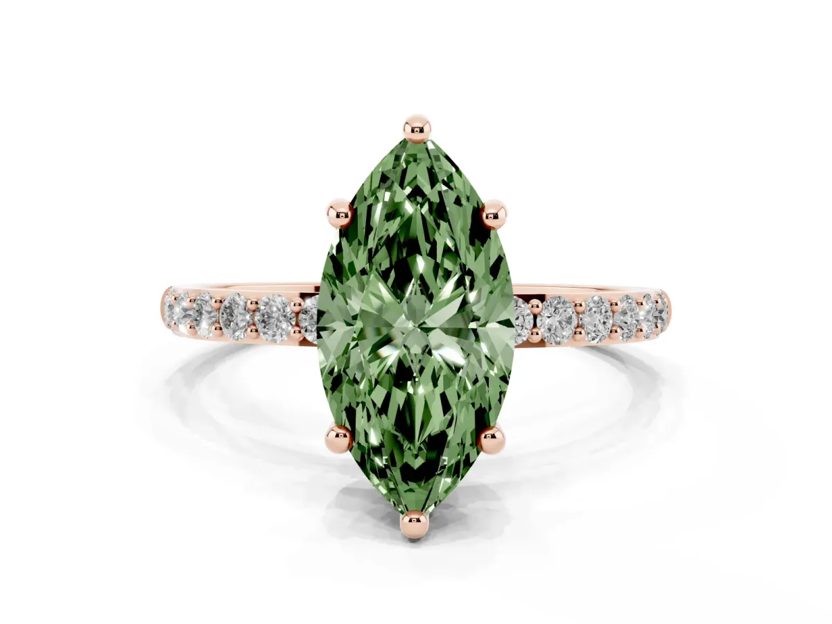 Fancy Green Marquise Cut Diamond Solitaire Ring with Round Pavé Band and Prong Setting Rose gold