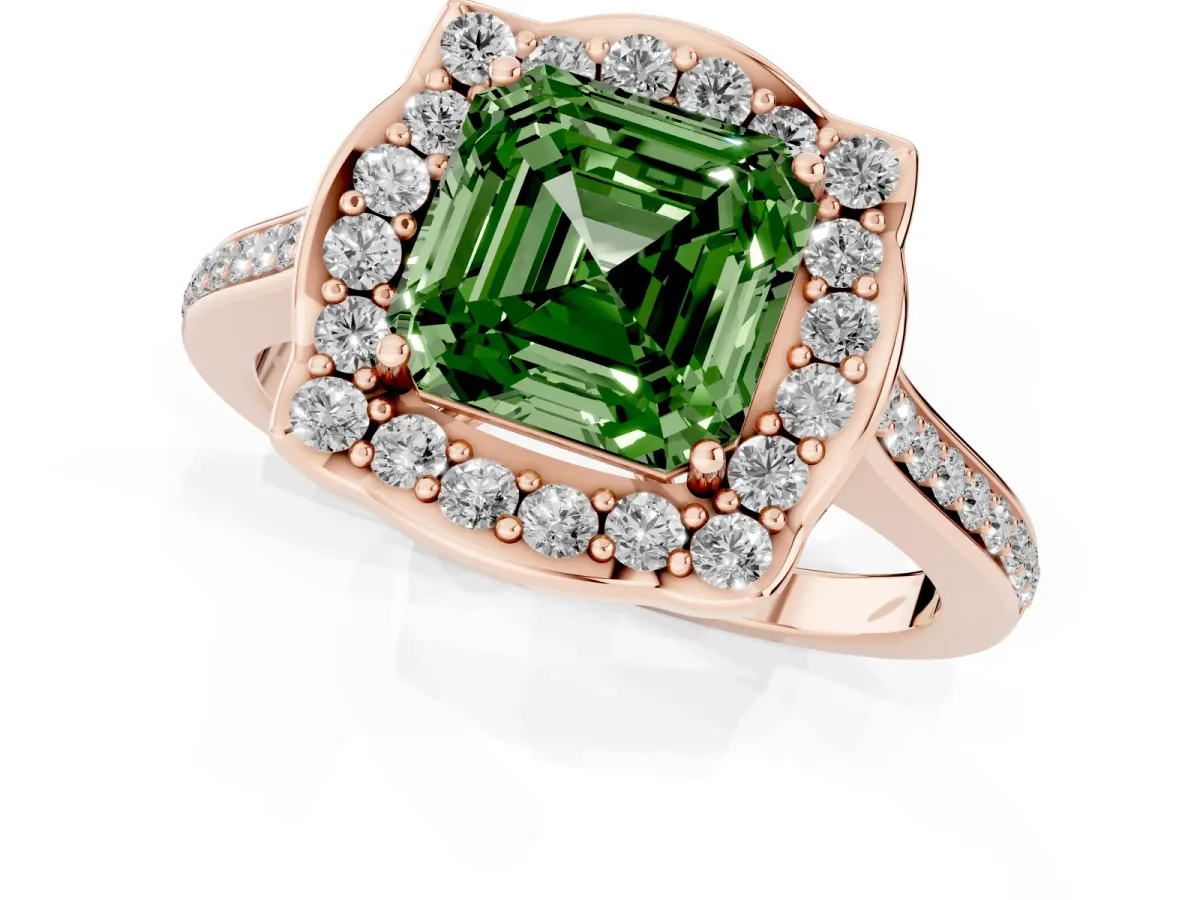 Fancy Green Asscher Cut Halo Round Diamond Pave Band with Four-Prong Setting Rose gold
