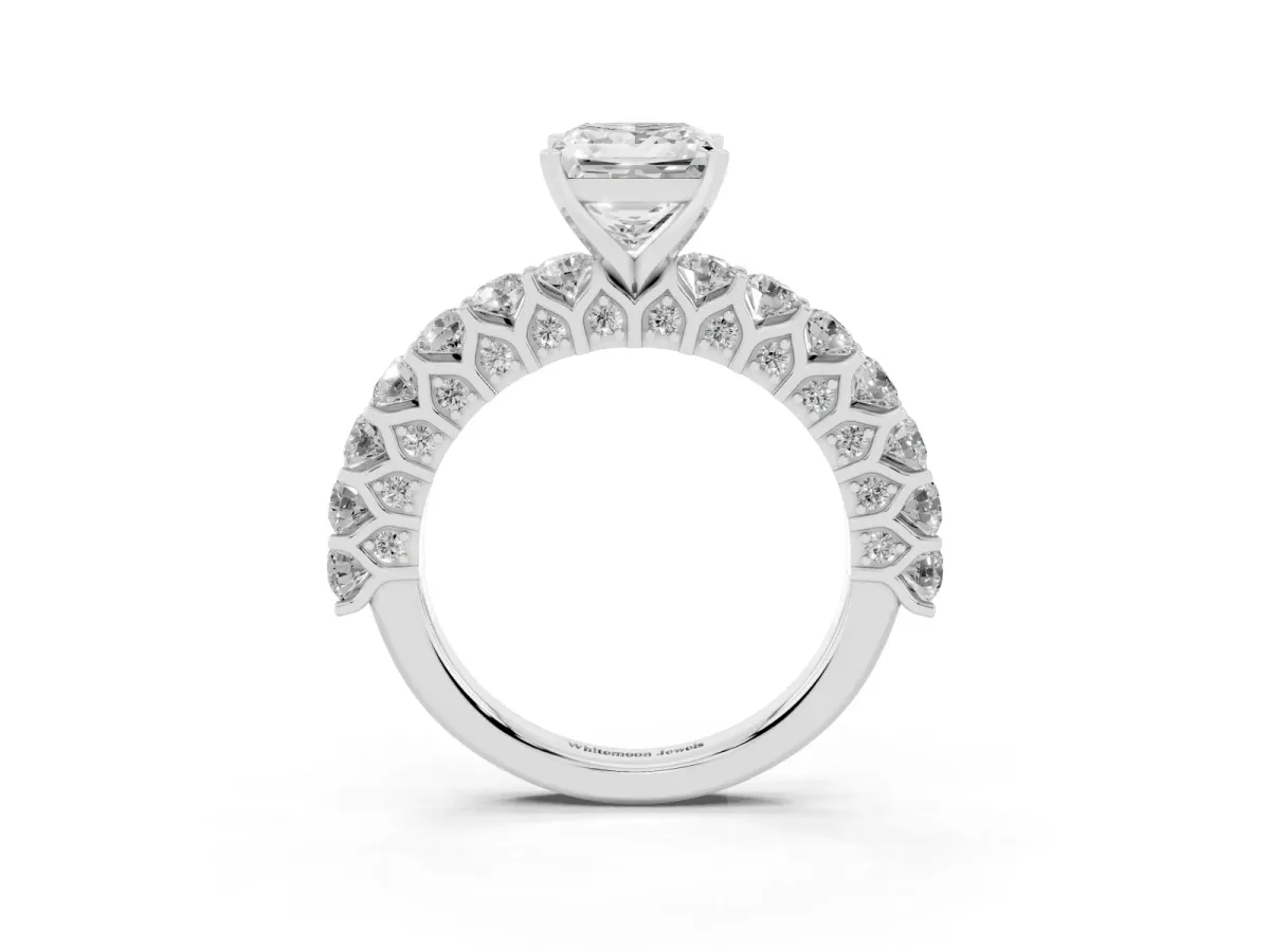Princess Cut Diamond Solitaire Ring with Shared Prong Pavé Band and Four-Prong Setting Platinum