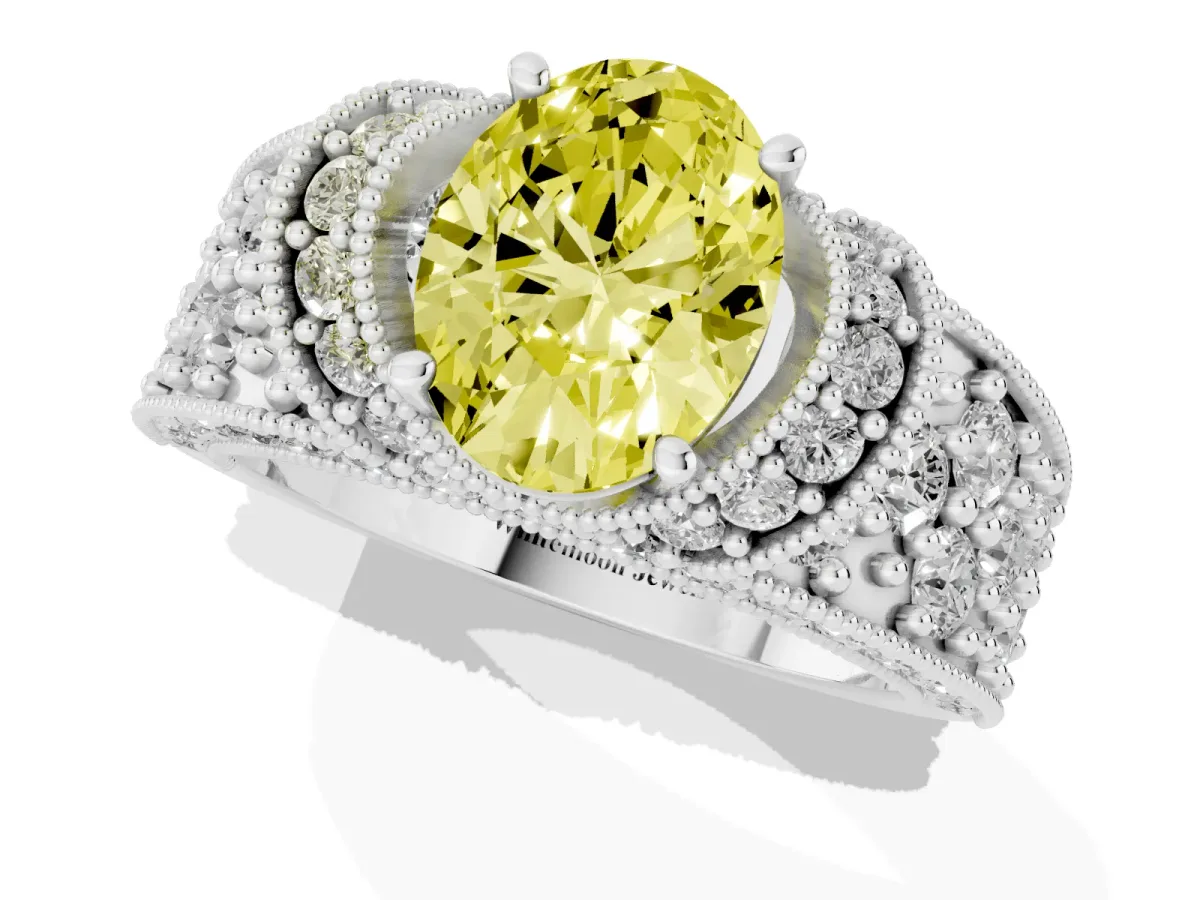 Fancy Yellow Oval Cut Halo Pave Diamond Engagement Ring with Milgrain Detailing Silver