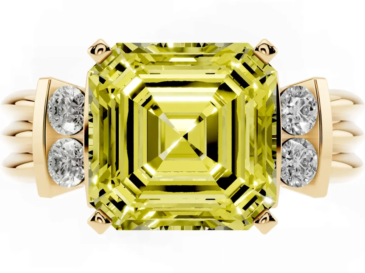 Fancy Yellow Asscher Cut Cut Three-Stone Channel Set Ring with Bar Prongs Yellow gold