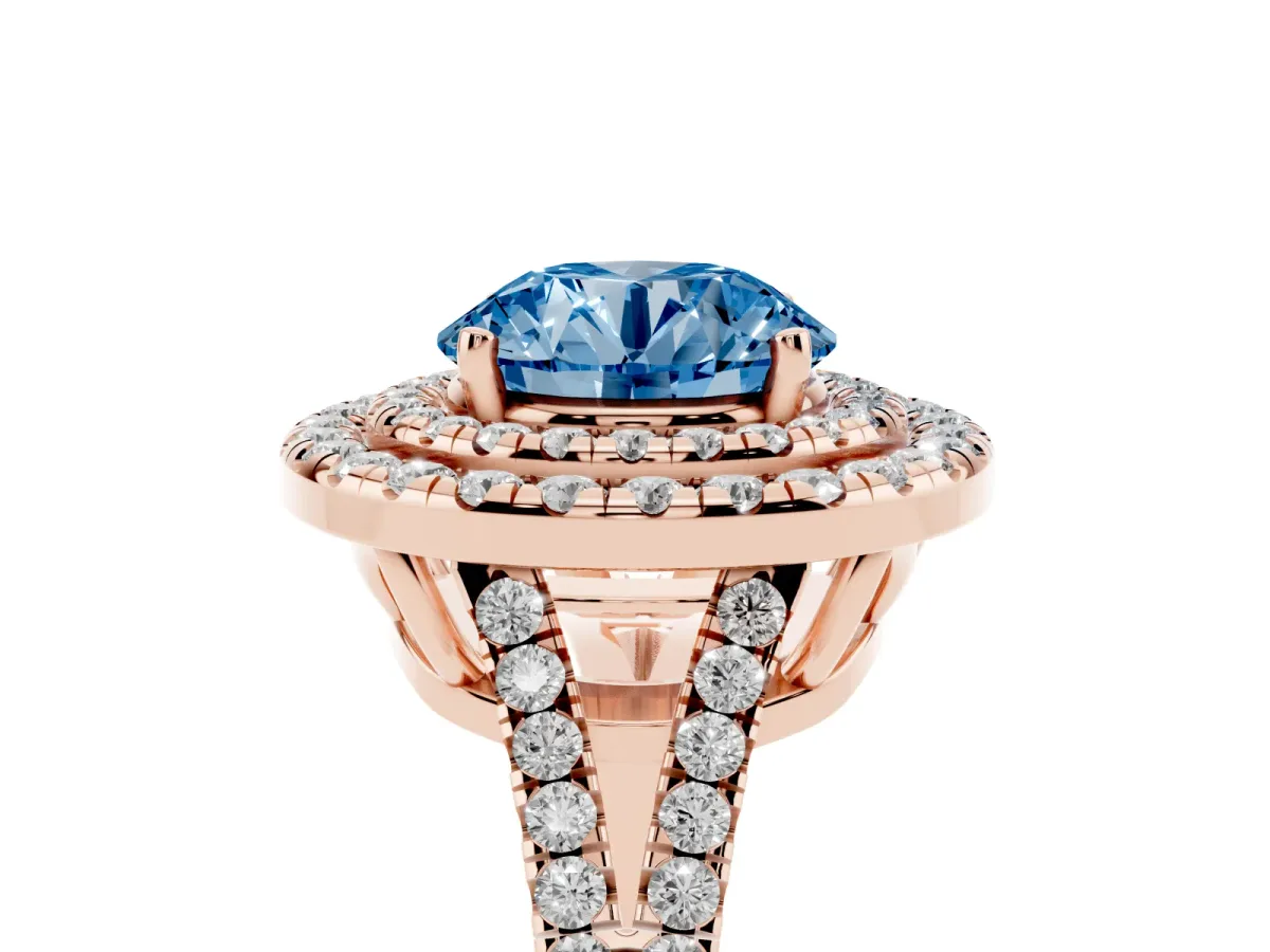 Fancy Blue Round Cut Diamond Double Halo Ring with Pavé Band and Prong Setting Rose gold