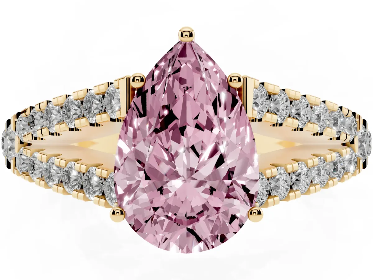 Fancy Pink Pear Cut Diamond Split Shank Engagement Ring with Round Pavé and Prong Setting Yellow gold