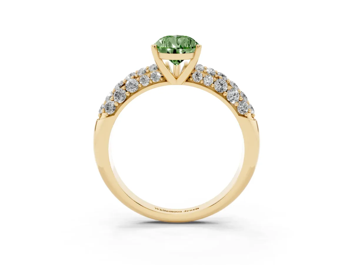 Fancy Green Pear Cut Diamond Pavé Band Solitaire Ring with Four-Prong Setting Yellow gold