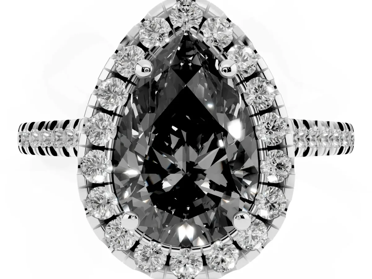 Fancy Black Pear Cut Diamond Cushion Halo Ring with Pavé Band Silver