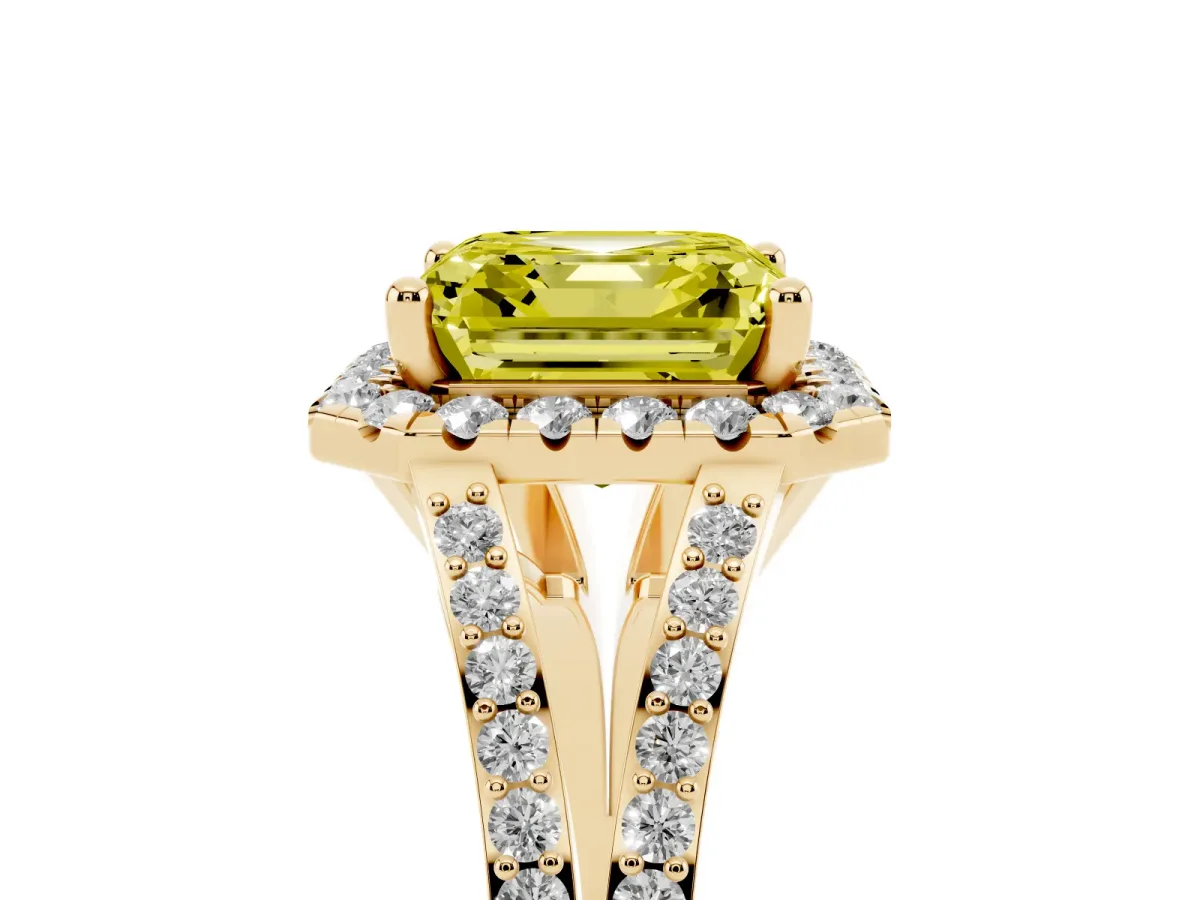 Fancy Yellow Asscher Cut Halo Split Shank Diamond Ring with Prong Setting Yellow gold