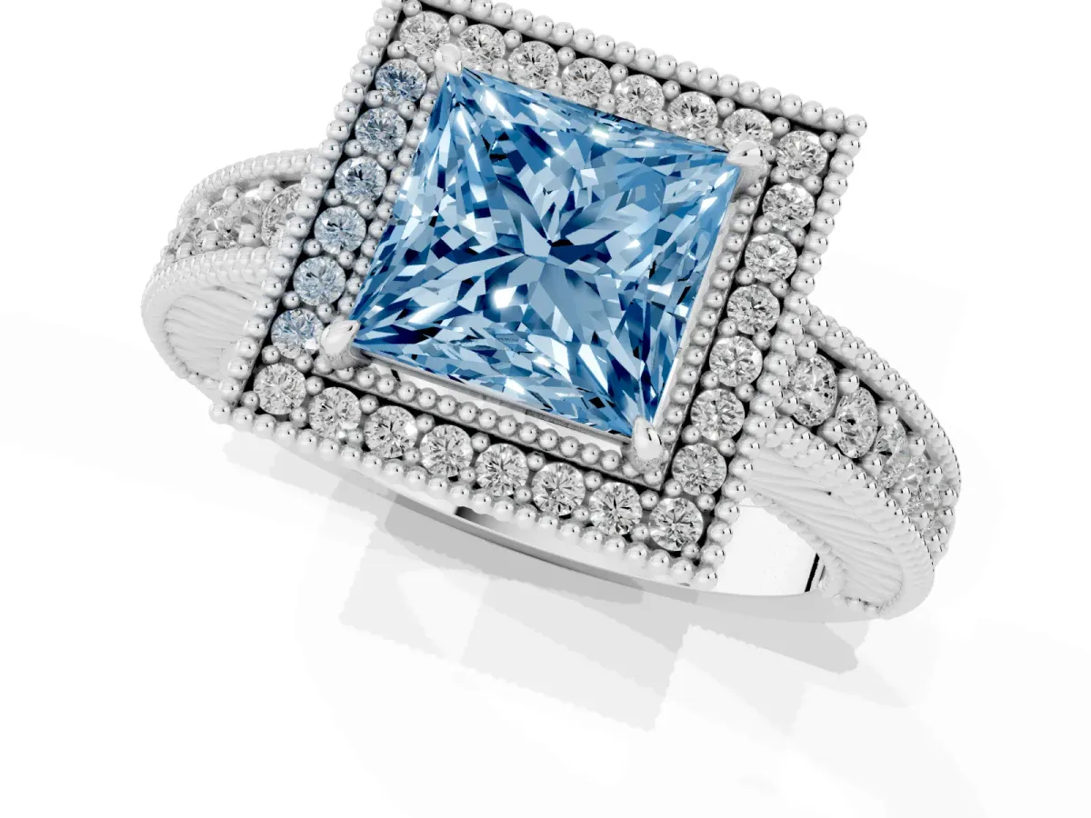 Fancy Blue Princess Cut Cut Halo Diamond Ring with Pavé Band and Four-Prong Setting Platinum
