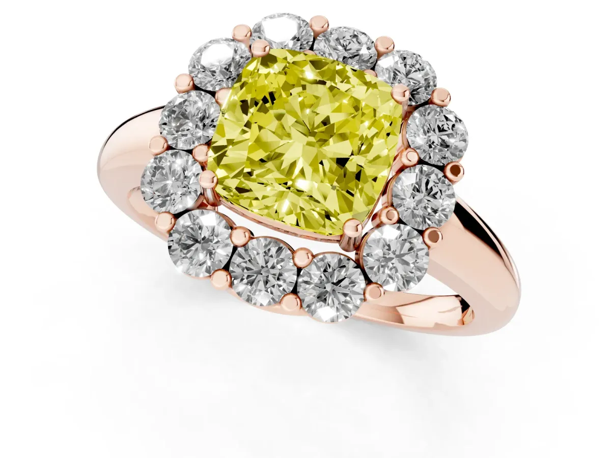 Fancy Yellow Cushion Cut Halo Cluster Diamond Engagement Ring with Prong Setting and Polished Band Rose gold