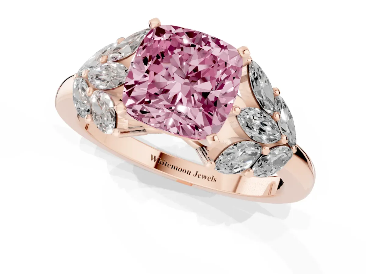 Fancy Pink Cushion Cut Diamond Cluster Leaf Design Ring with Prong Setting Rose gold