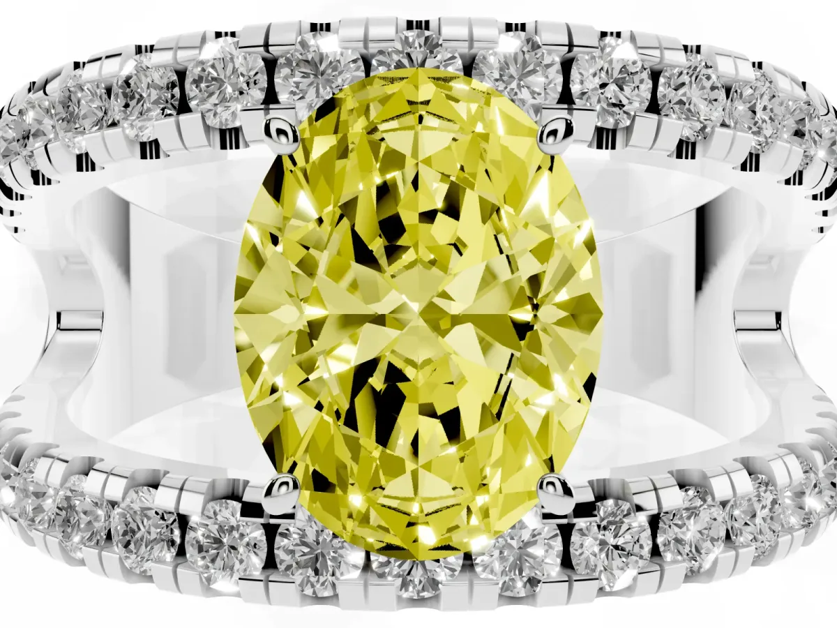 Fancy Yellow Oval Cut Solitaire Split Shank Pave Diamond Ring Silver