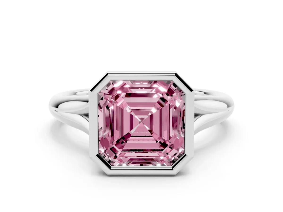 Fancy Pink Bezel Set Asscher Cut Solitaire Diamond Ring with Smooth Band Platinum