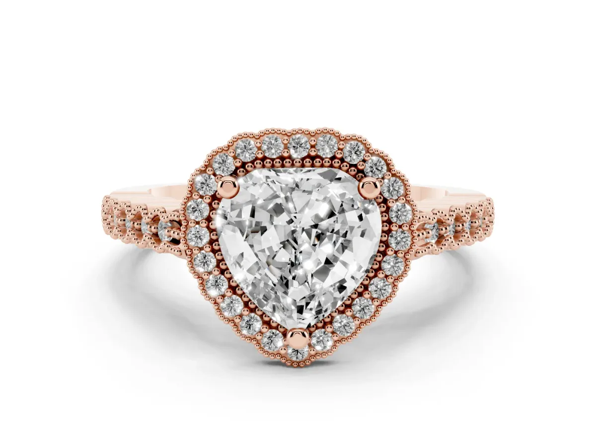 Heart Cut Cut Halo Pavé Solitaire Ring with Milgrain Band Rose gold