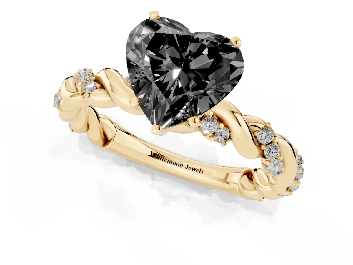 Fancy Black Heart Cut Diamond Solitaire Ring with Twisted Band and Pavé Accents Yellow gold