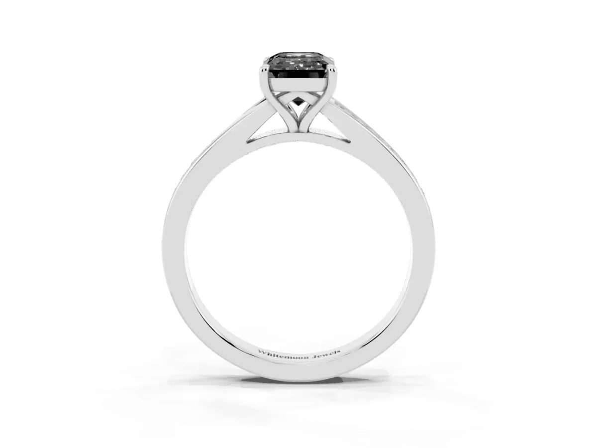 Fancy Black Emerald Cut Diamond Solitaire Ring with Pavé Band and Prong Setting Silver