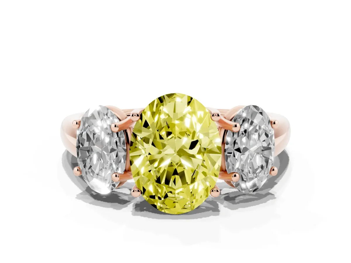Fancy Yellow Three-Stone Oval Cut Diamond Engagement Ring with Prong Setting Rose gold