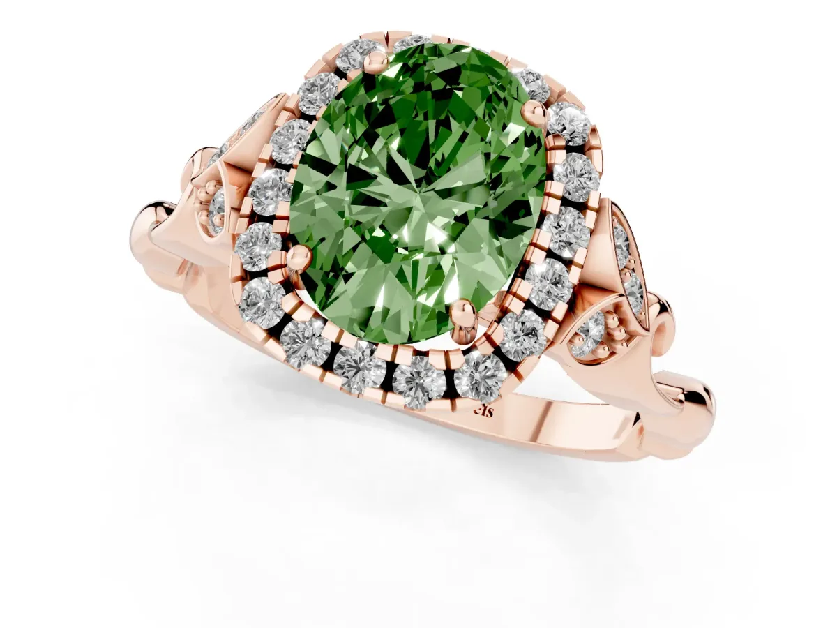 Fancy Green Oval Cut Halo Diamond Engagement Ring with Vintage-Inspired Band and Four-Prong Setting Rose gold
