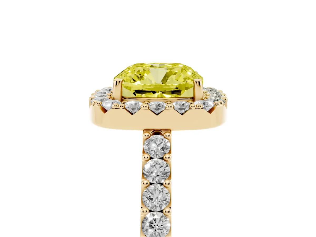 Fancy Yellow Cushion Cut Halo Diamond Pavé Solitaire Ring Yellow gold