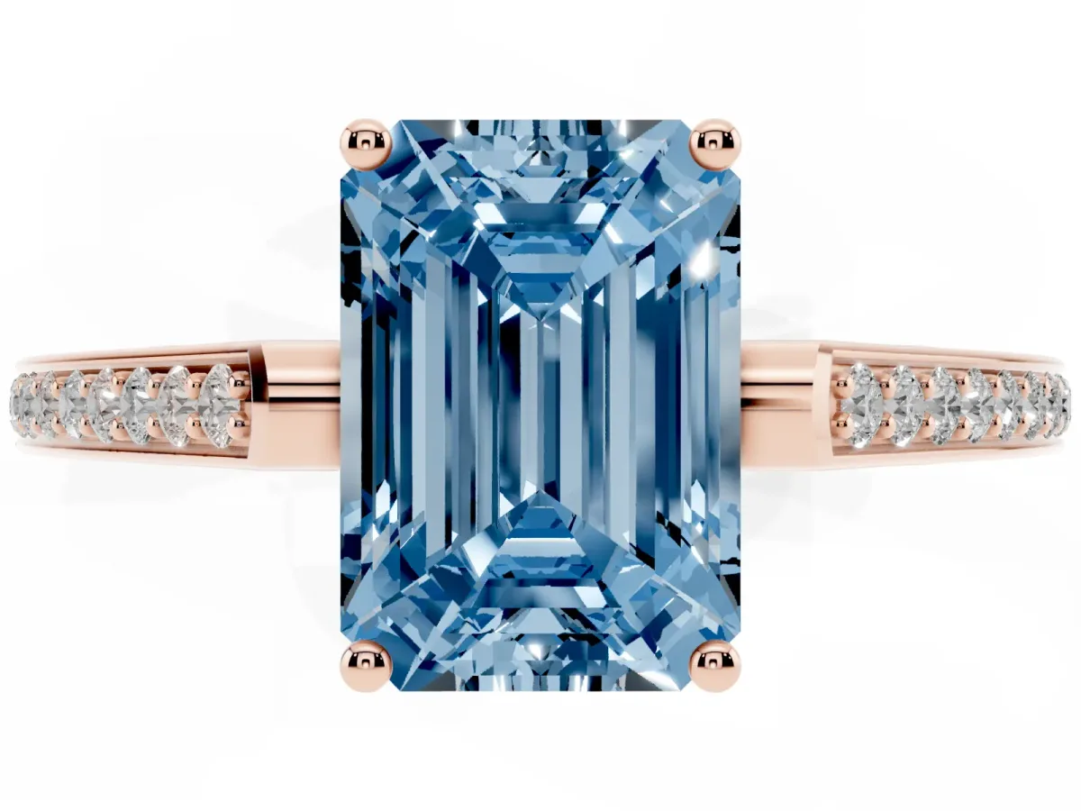 Fancy Blue Emerald Cut Cut Cathedral Pave Diamond Engagement Ring with Six-Prong Setting Rose gold
