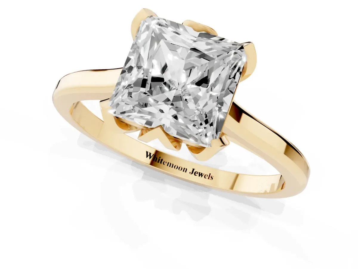 Princess Cut Diamond Solitaire Ring with Flower Prong Setting and Classic Band Yellow gold