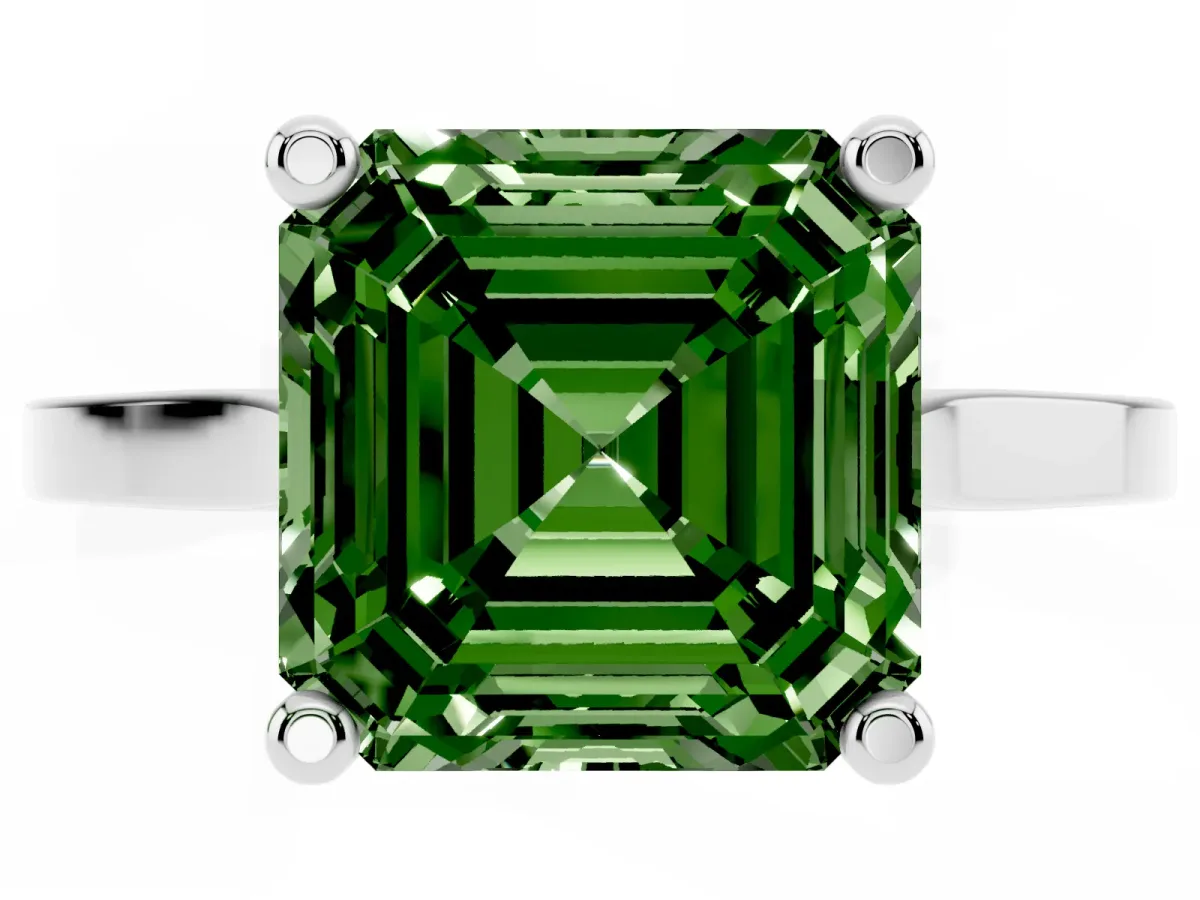 Fancy Green Asscher Cut Solitaire Diamond Ring with Four-Prong Setting and Tapered Band Silver