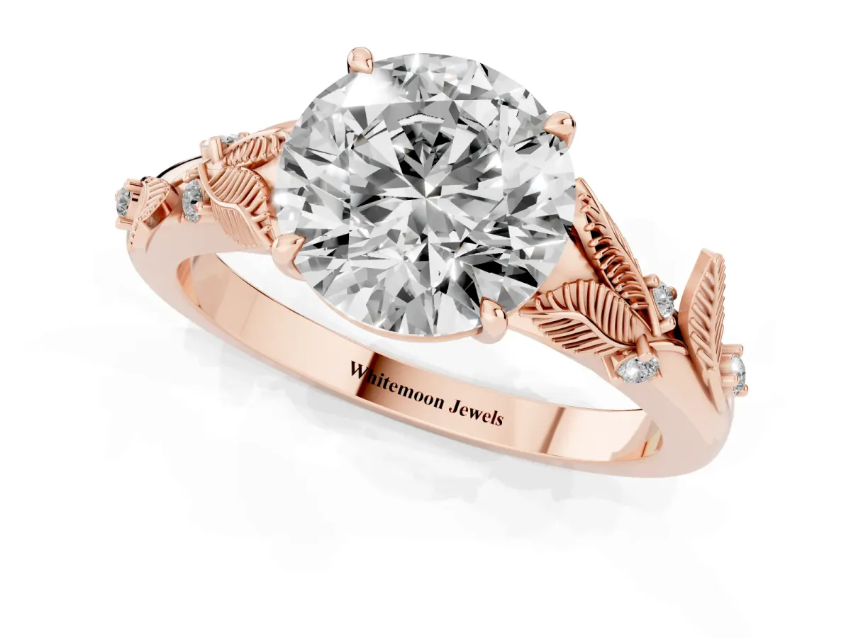Round Cut Diamond Solitaire Ring with Leaf Motif Band and Four-Prong Setting Rose gold