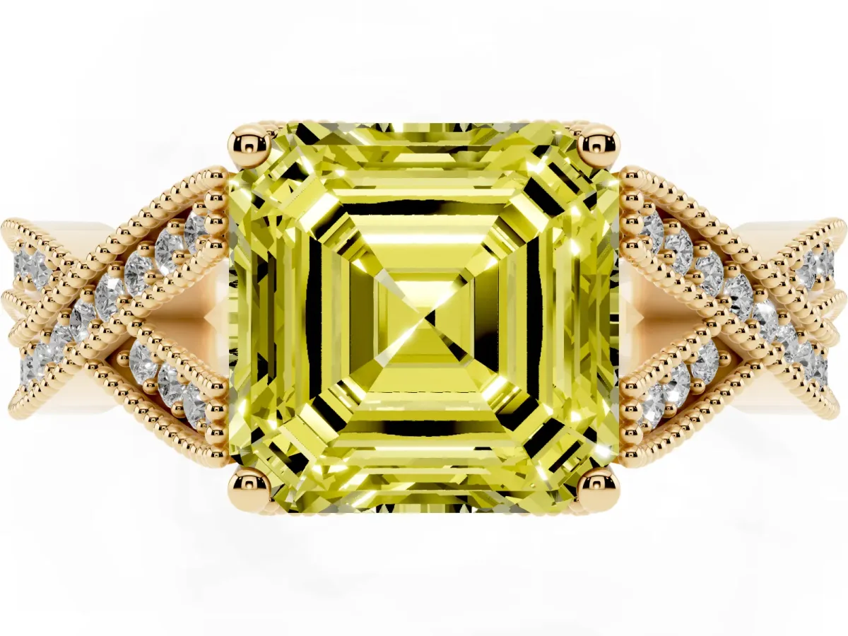 Fancy Yellow Asscher Cut Cut Diamond Twisted Band with Milgrain Pave Setting and Four-Prong Setting Yellow gold