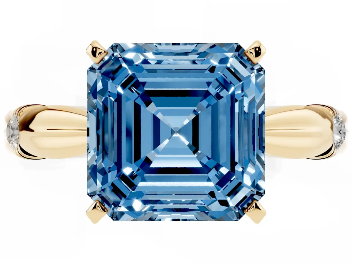 Fancy Blue Asscher Cut Solitaire Diamond Twisted Band with Four-Prong Setting Yellow gold