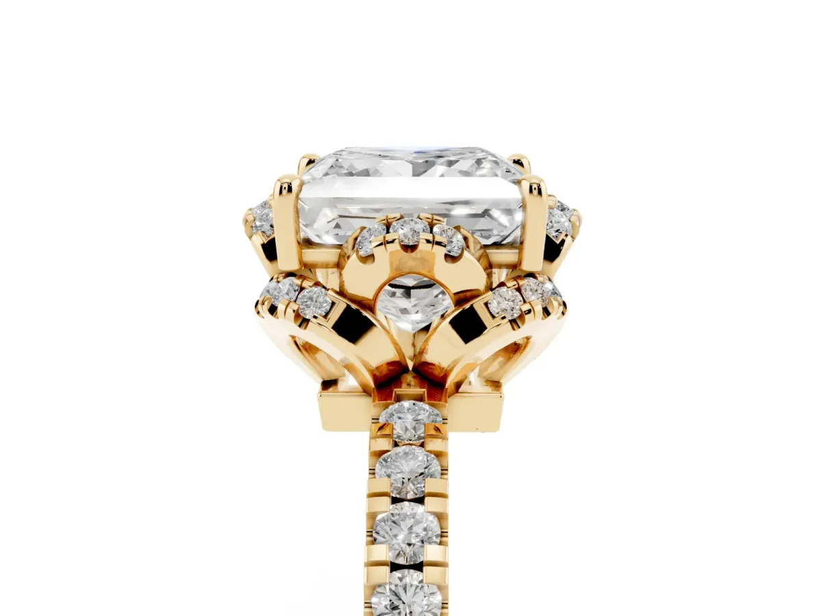 Princess Cut Diamond Halo Pave Band with Four-Prong Setting Yellow gold