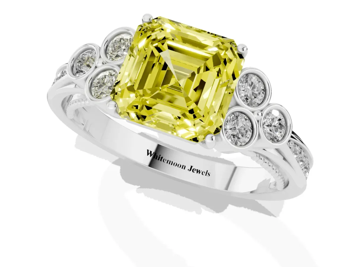 Fancy Yellow Asscher Cut Cut Diamond Engagement Ring with Bezel Set Round Side Stones and Prong Setting Silver