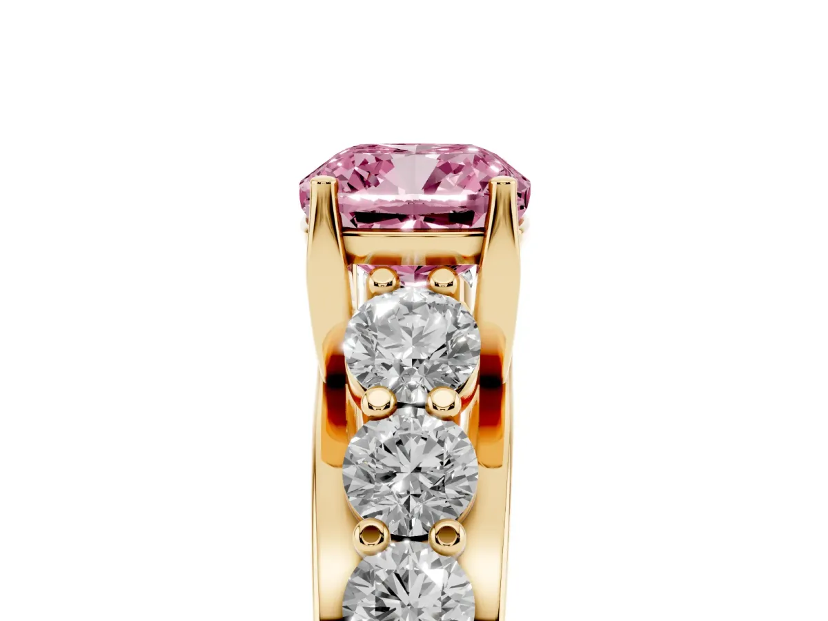 Fancy Pink Cushion Cut Diamond Engagement Ring with Pavé Band and Four-Prong Setting Yellow gold