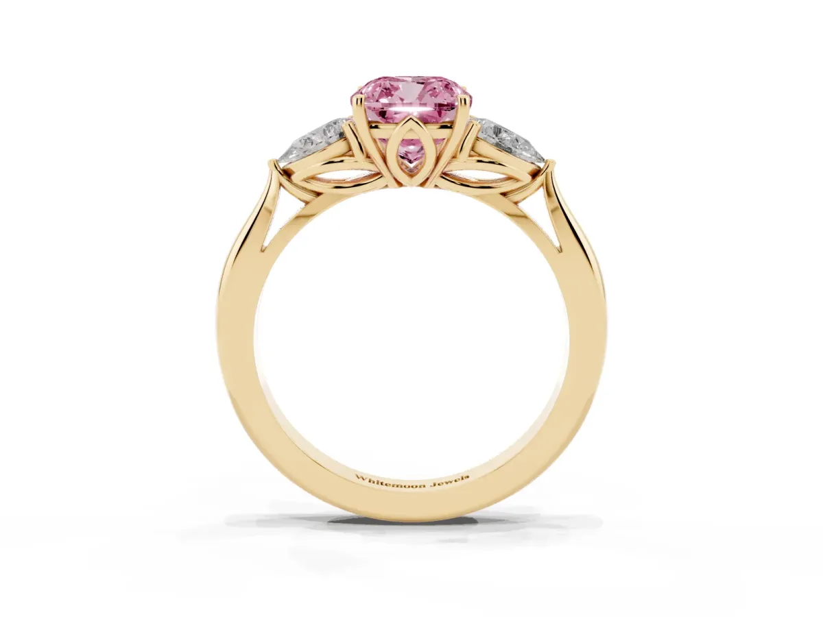 Fancy Pink Three-Stone Cushion Cut Brilliant Diamond Solitaire Ring with Tapered Band and Four-Prong Setting Yellow gold