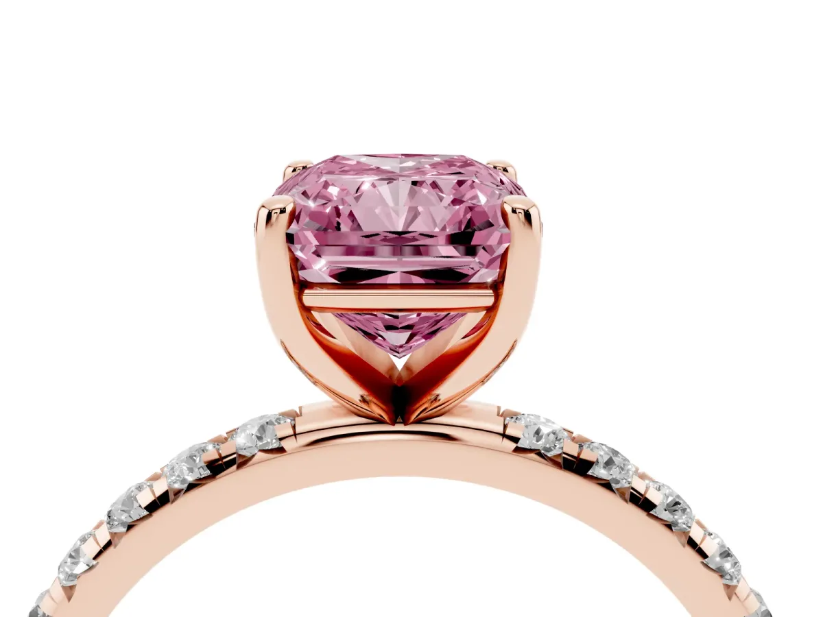 Fancy Pink Radiant Cut Cut Diamond Solitaire Ring with Micro Pave Band and Four Prong Setting Rose gold