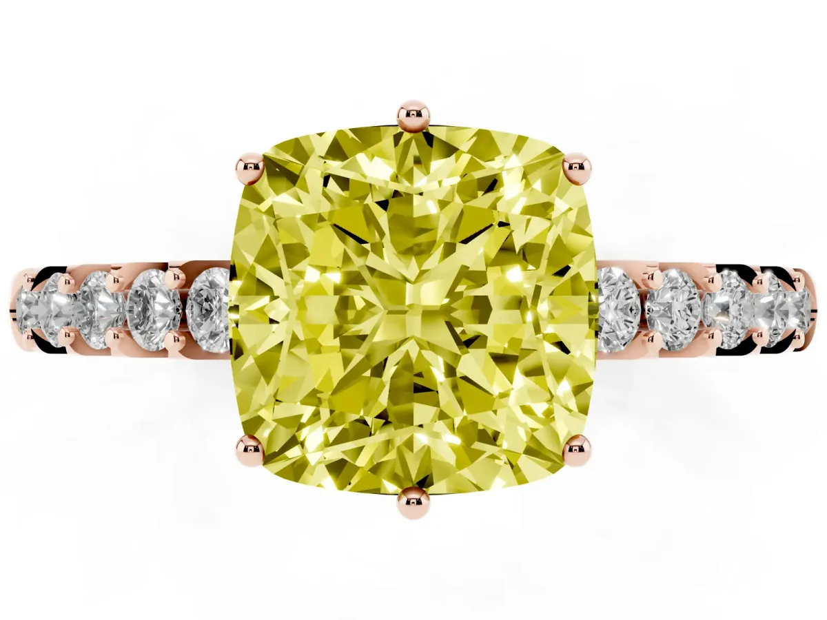 Fancy Yellow Cushion Cut Solitaire Diamond Engagement Ring with Pavé Band and Six-Prong Setting Rose gold