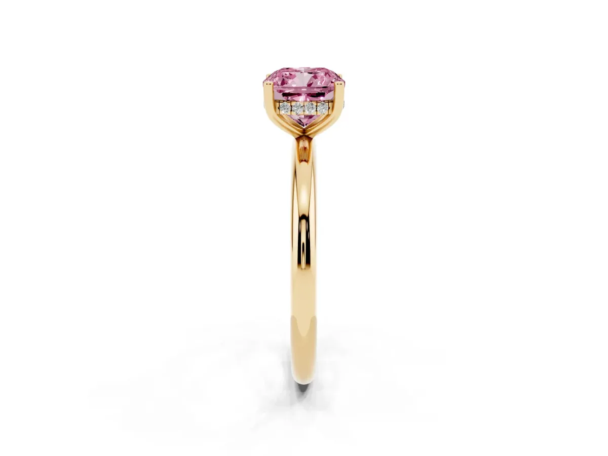 Fancy Pink Cushion Cut Cut Solitaire Engagement Ring with Four-Prong Setting and Classic Band Yellow gold