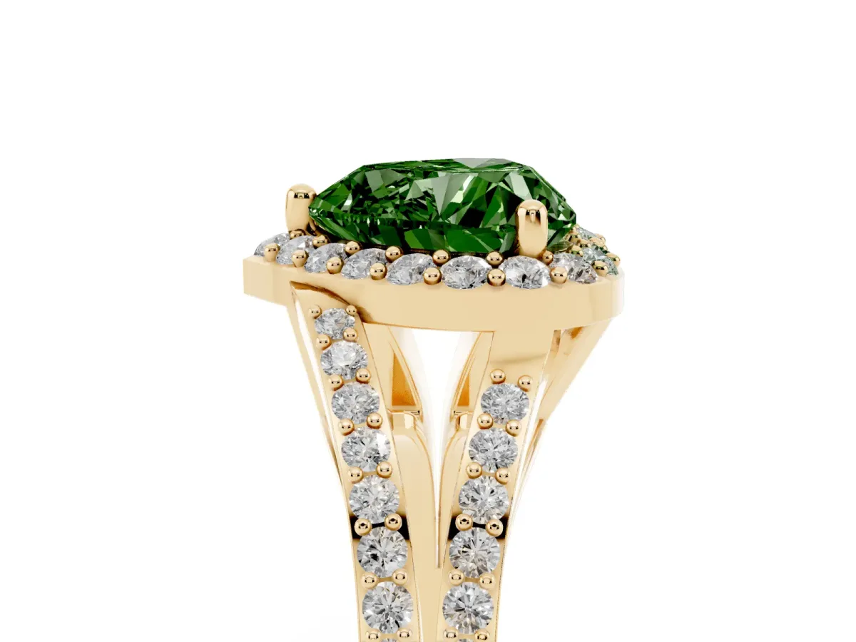 Fancy Green Heart Cut Halo Split Shank Diamond Ring with Prong Setting Yellow gold