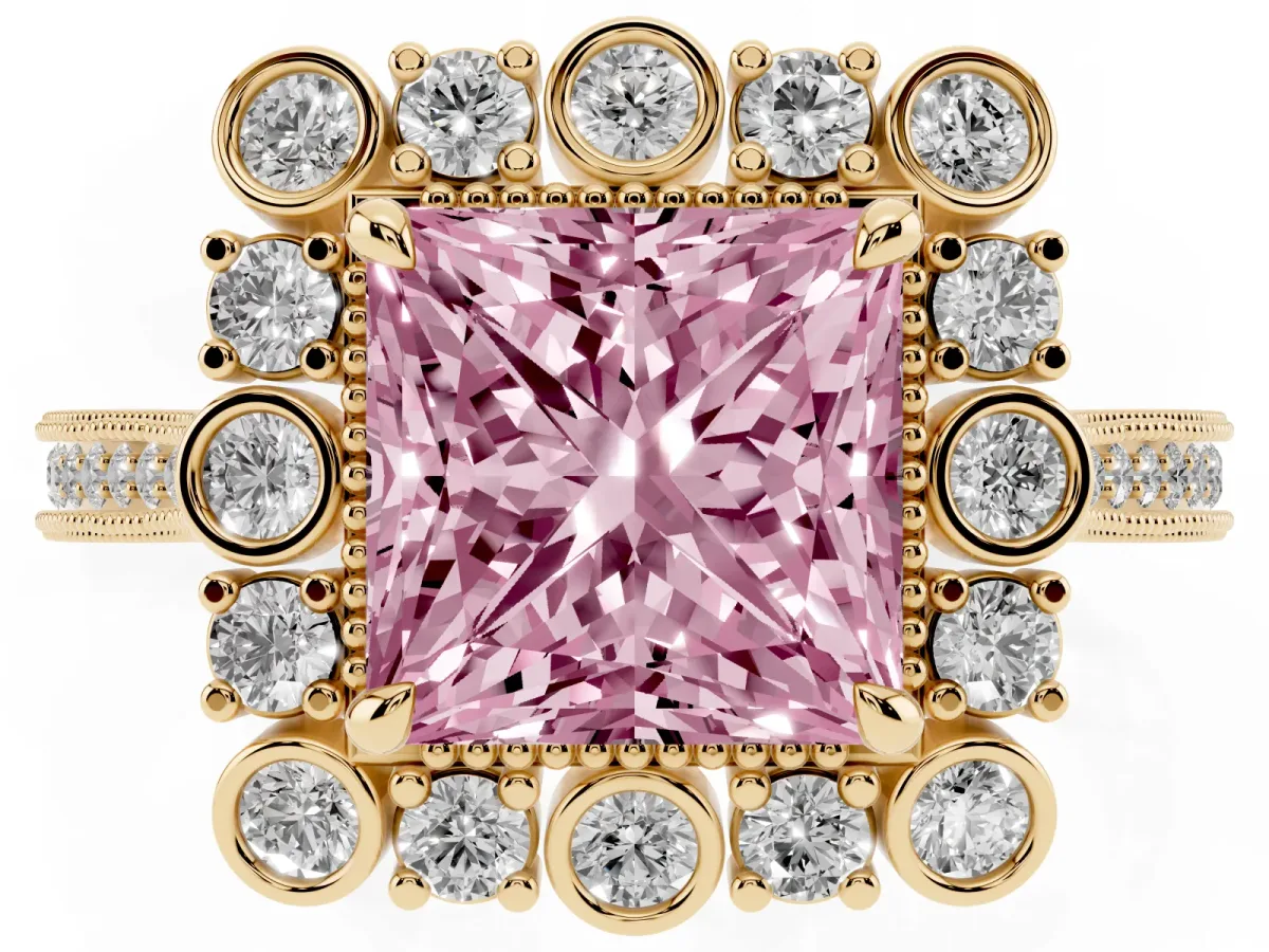 Fancy Pink Princess Cut Halo Milgrain Pave Diamond Ring with Four-Prong Setting Yellow gold