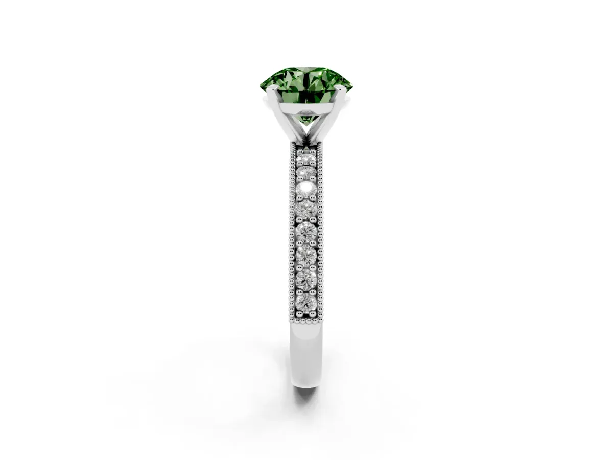 Fancy Green Round Cut Diamond Milgrain Pavé Engagement Ring with Four-Prong Setting Platinum