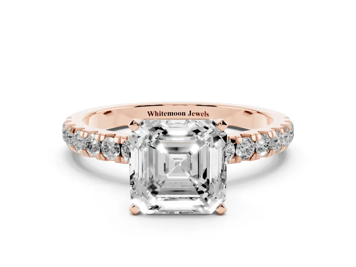 Asscher Cut Diamond Solitaire Ring with Pavé Accents and Four-Prong Setting Rose gold