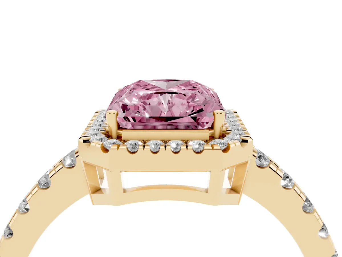 Fancy Pink Radiant Cut Diamond Halo Ring with Pavé Band and Four-Prong Setting Yellow gold