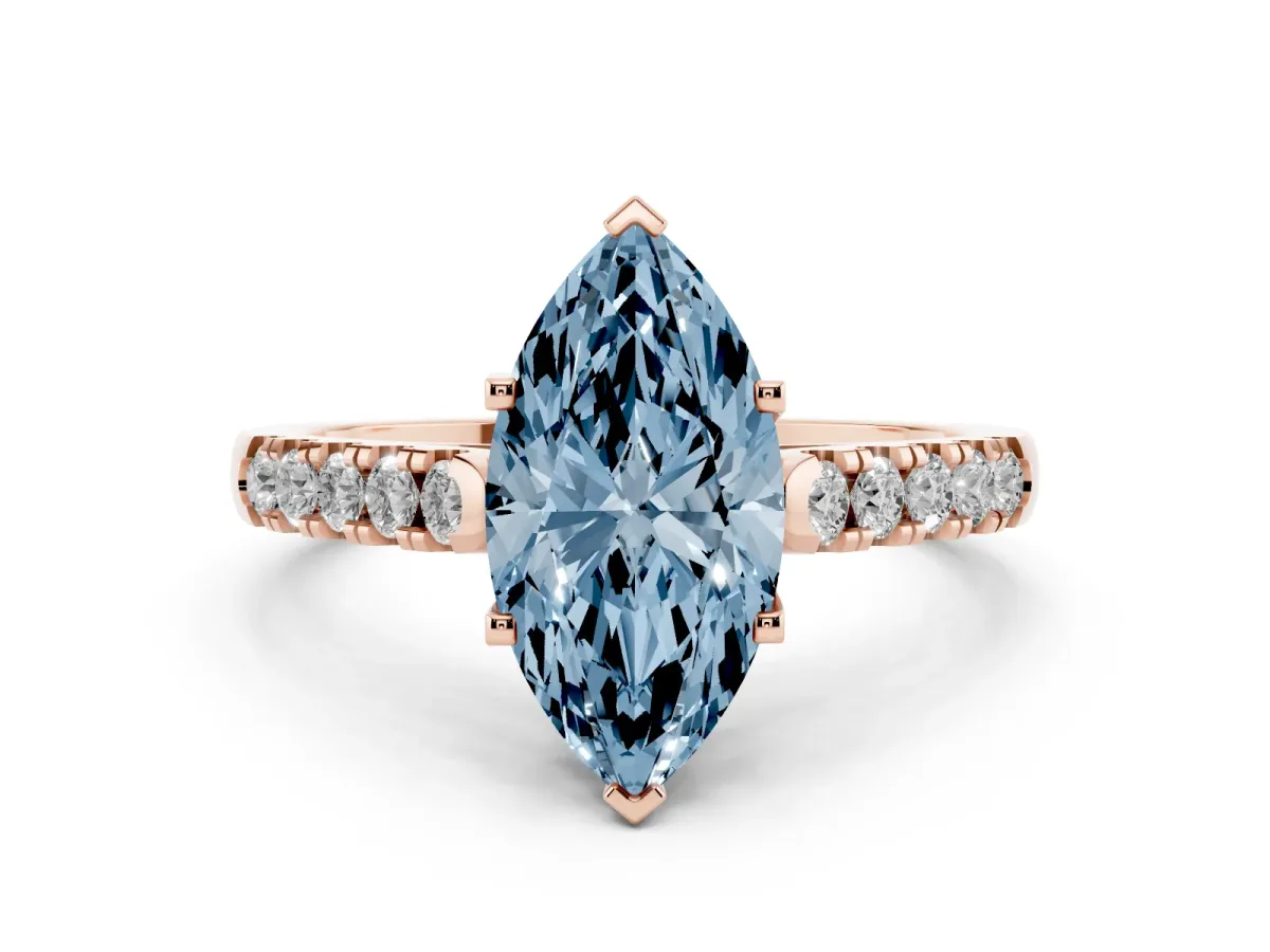 Fancy Blue Marquise Cut Diamond Pavé Band Solitaire Ring with Prong Setting Rose gold