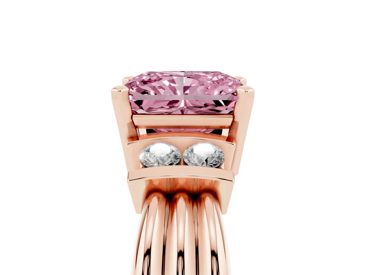 Fancy Pink Radiant Cut Cut Three-Stone Channel Set Ring with Bar Prongs Rose gold