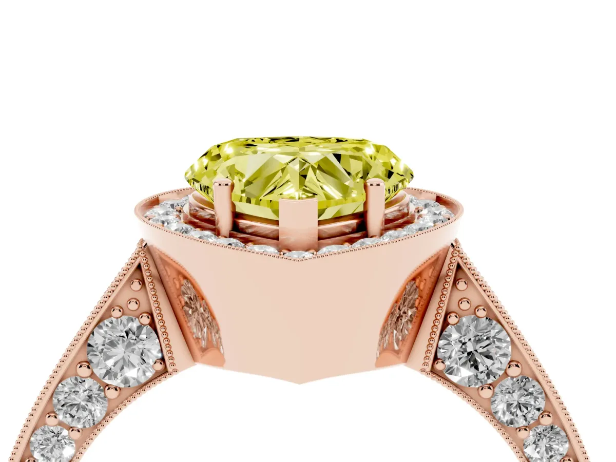 Fancy Yellow Heart Cut Halo Diamond Engagement Ring with Split Shank Band and Four-Prong Setting Rose gold