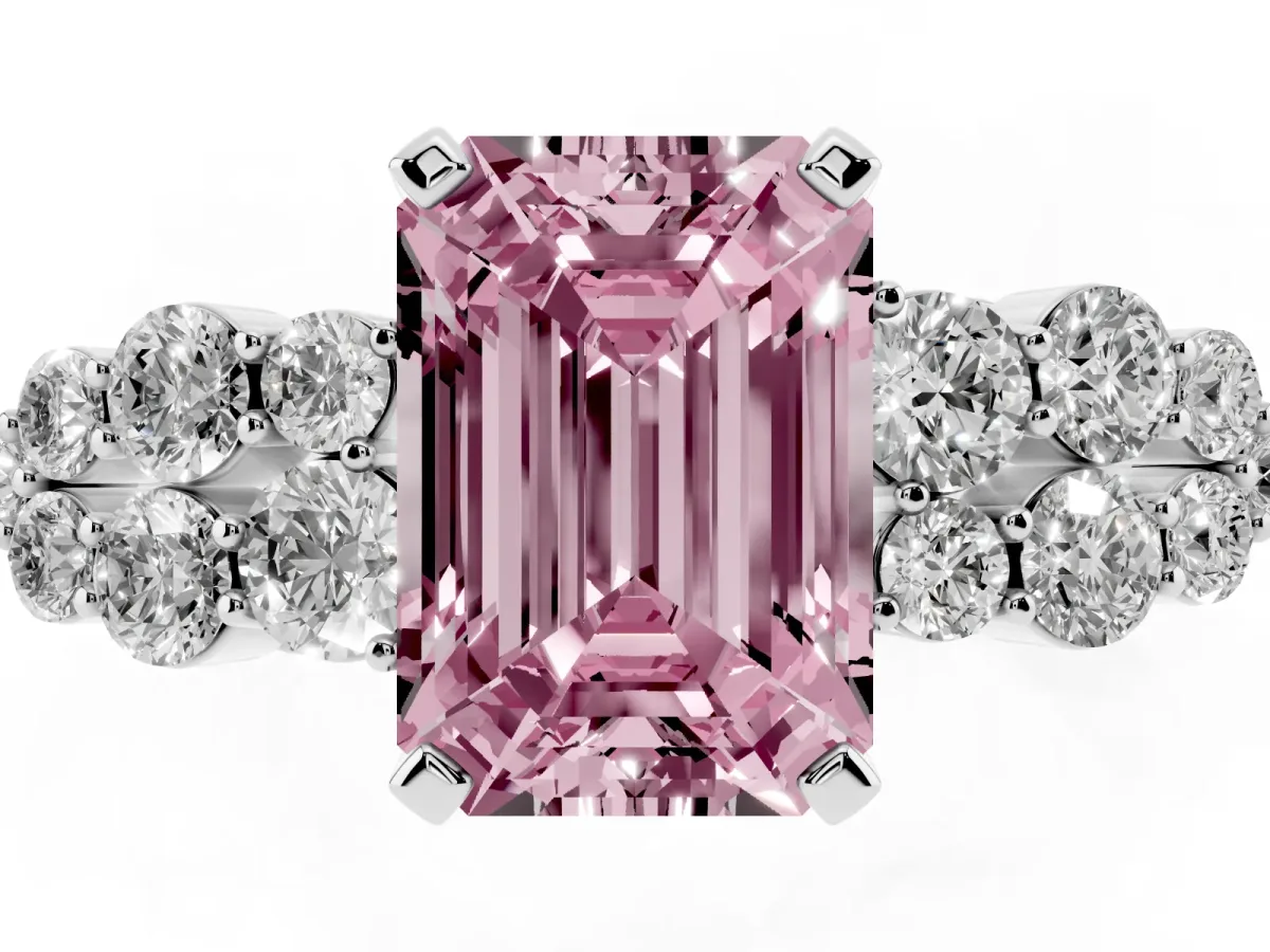 Fancy Pink Emerald Cut Cluster Diamond Engagement Ring with Pavé Band and Four-Prong Setting Silver