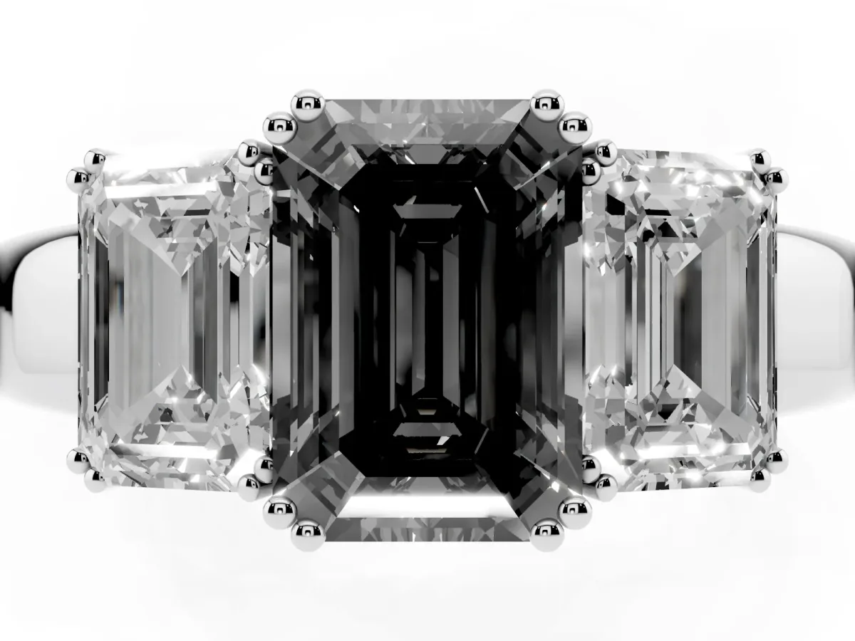 Fancy Black Three-Stone Emerald Cut Cut Diamond Ring with Channel Set Band and Four-Prong Setting Silver