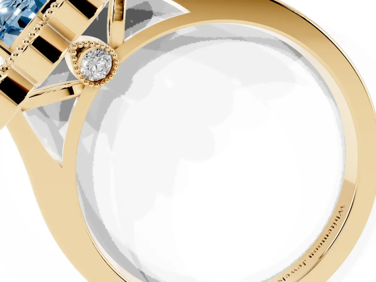 Fancy Blue Oval Cut Halo Diamond Cluster Engagement Ring with Milgrain Bezel Setting and Solitaire Band Yellow gold