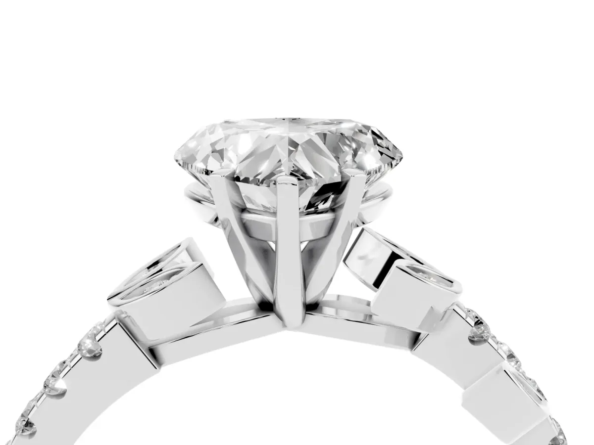 Heart Cut Solitaire Leaf-Inspired Diamond Ring with Pavé Band and Four-Prong Setting Silver
