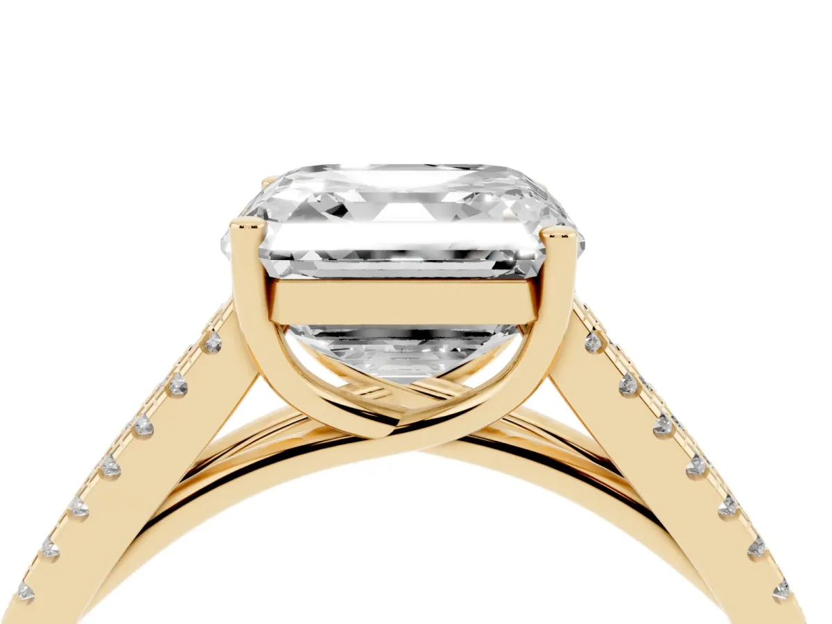 Asscher Cut Diamond Solitaire Engagement Ring with Split Shank Pavé Band Yellow gold