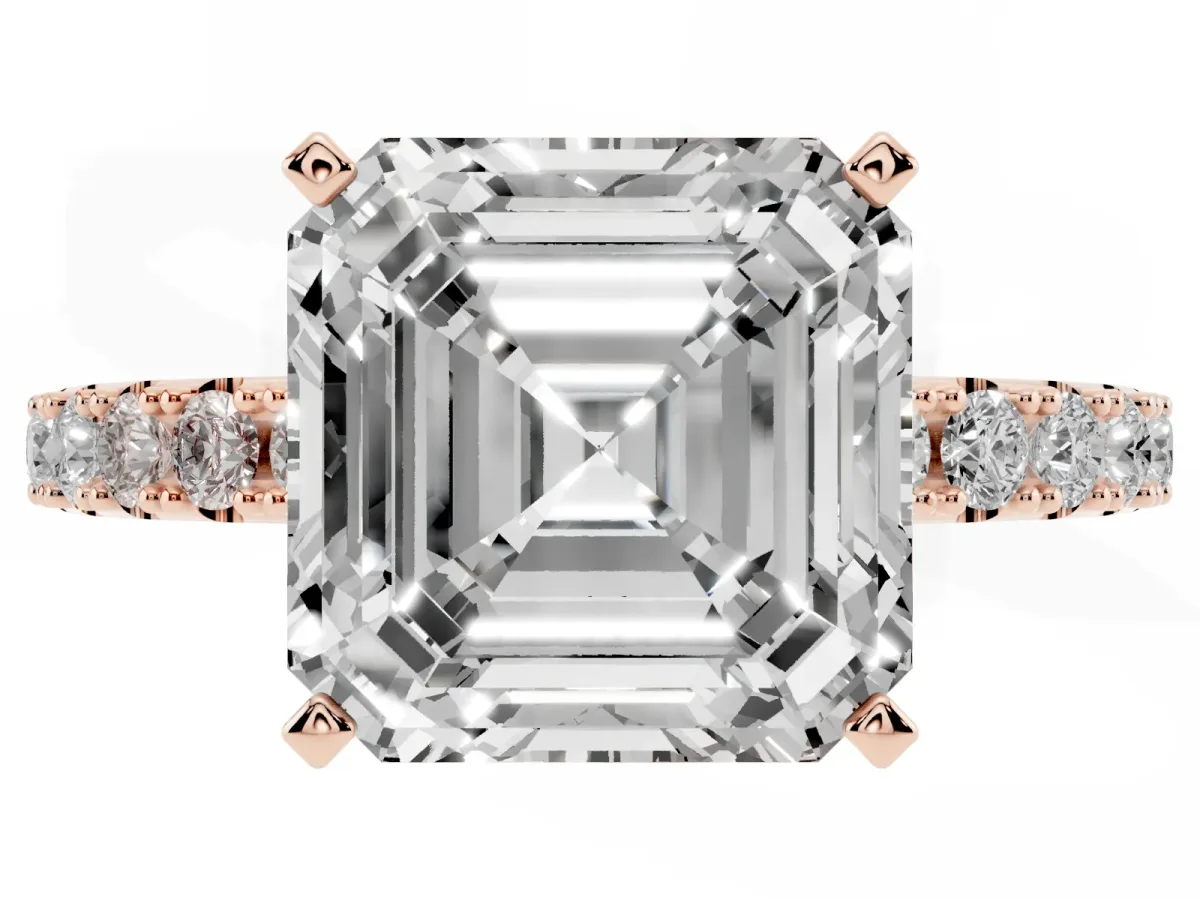 Asscher Cut Diamond Solitaire Pavé Band with Four-Prong Setting Rose gold