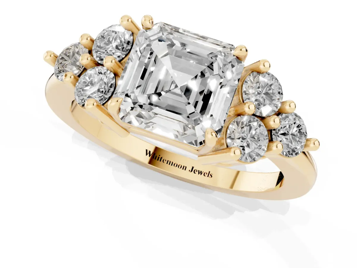 Asscher Cut Brilliant Diamond Cluster Accent Solitaire Ring with Prong Setting Yellow gold